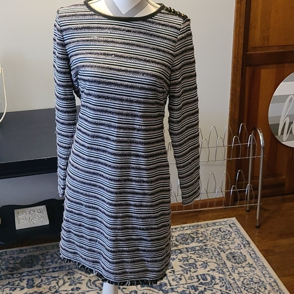 Eva Mendes sz medium striped leather trim dress